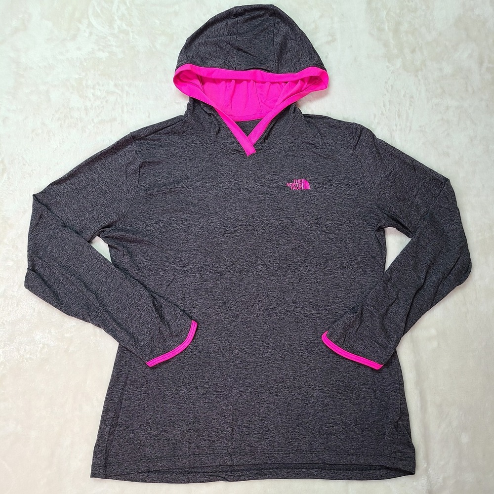 The North Face Womens FlashDry Hoodie Gray Pink Thumbhole Pullover L